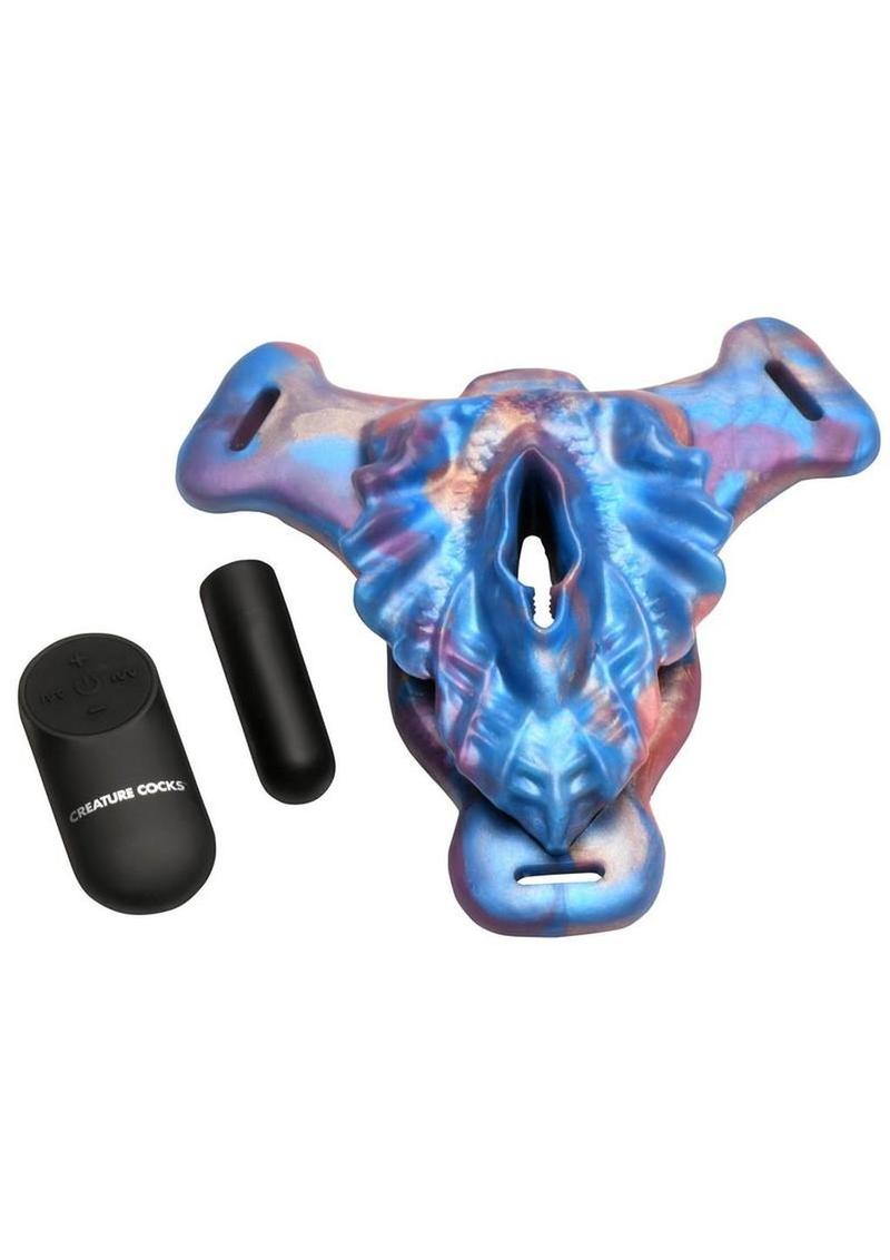 Creature Cocks Siren Snatch Silicone Rechargeable Bullet Strap-On - Blue/Gold