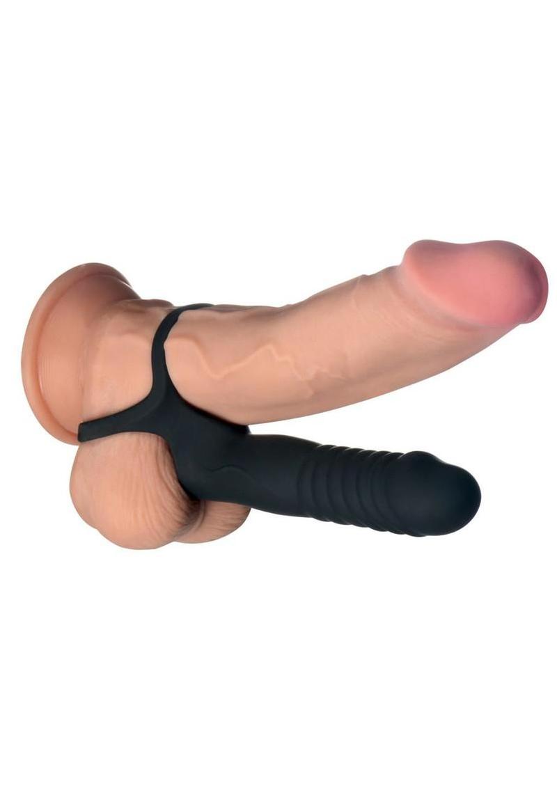 Jock Double Thrust Thrusting and Vibrating Double Penetration Rechargeable Silicone Cock Ring W/ Remote